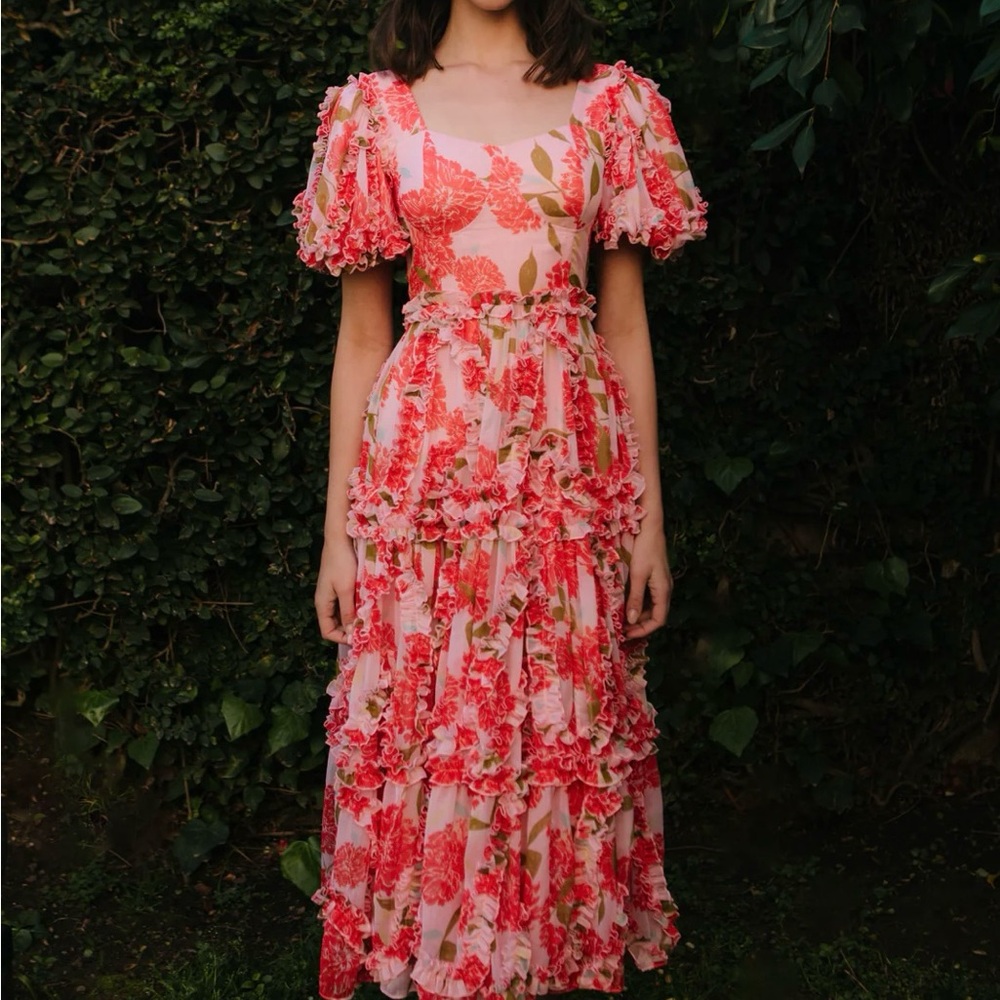 Ivy City Co Pink Floral Ruffle Maxi Dress